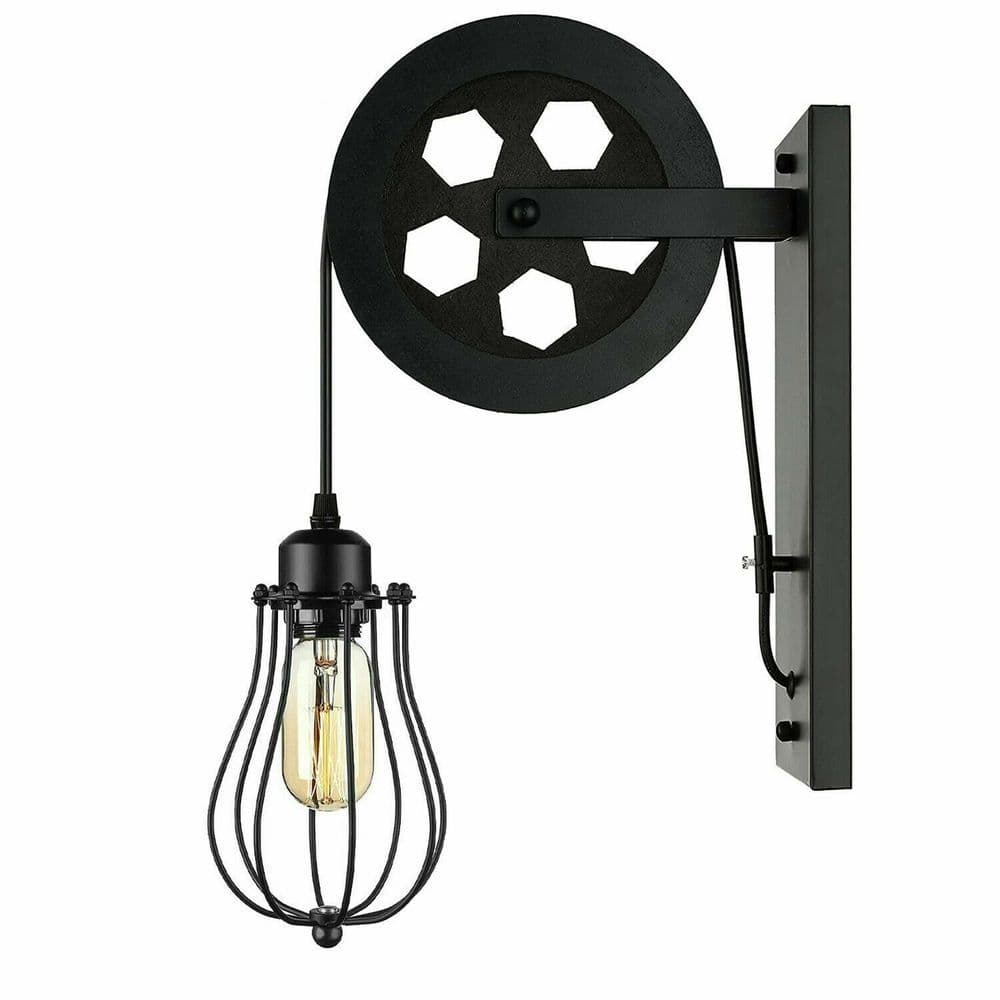 image-Retro Industrial Pulley Wheel Wall Light Fixture Metal Cage Indoor Light