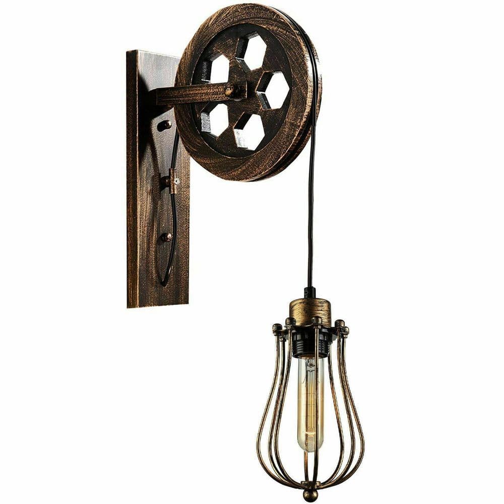 image-Retro Industrial Pulley Wheel Wall Light Fixture Metal Cage Indoor Light