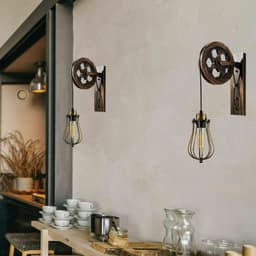 image-Retro Industrial Pulley Wheel Wall Light Fixture Metal Cage Indoor Light