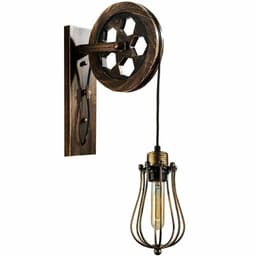 image-Retro Industrial Pulley Wheel Wall Light Fixture Metal Cage Indoor Light