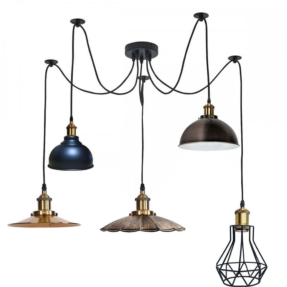 image-Retro Industrial Metal Multi Shade 5 Way Ceiling Pendant Spider Lamp For Bar, Bedroom