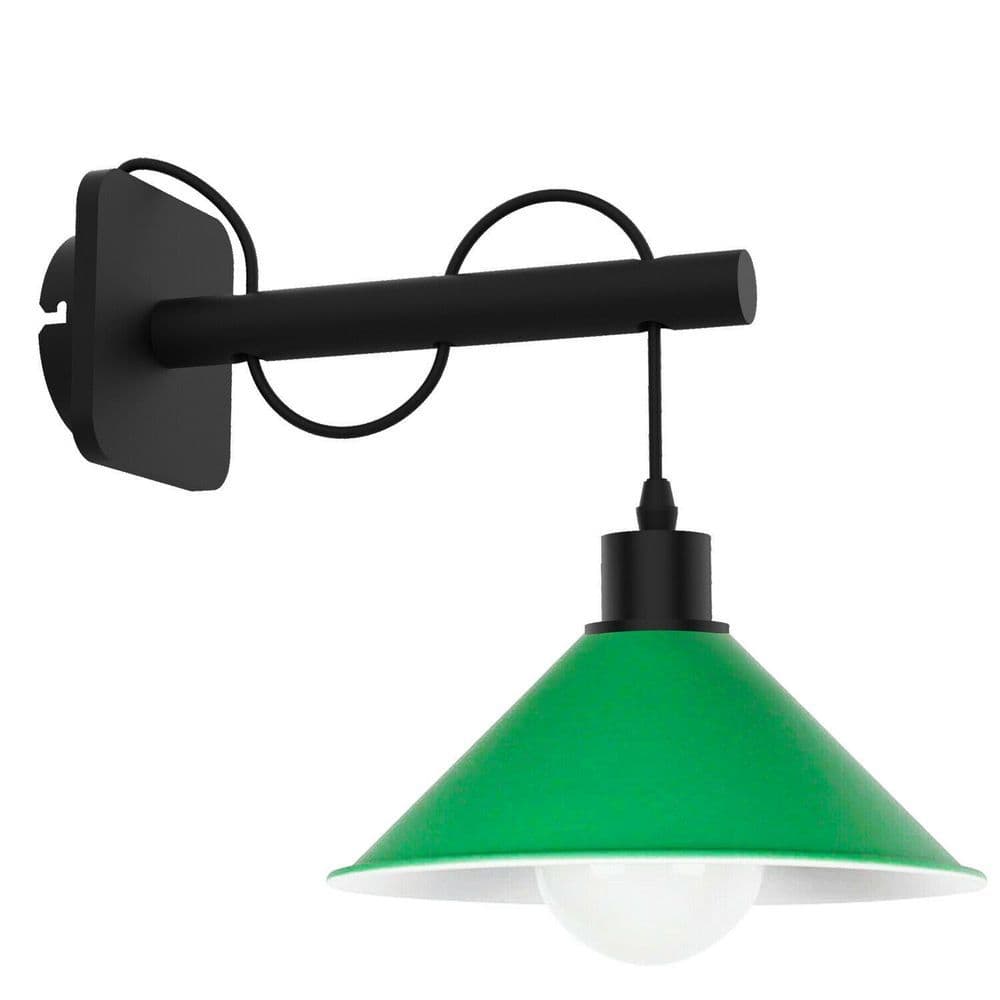 image-Modern Industrial Black Wall Light Wood Sconce Fitting Metal Green Cone Shape Shade Indoor Light Fixture