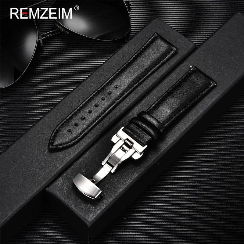 image-REMZEIM Leather Watchband with Stainless Steel Buckle - Durable Strap