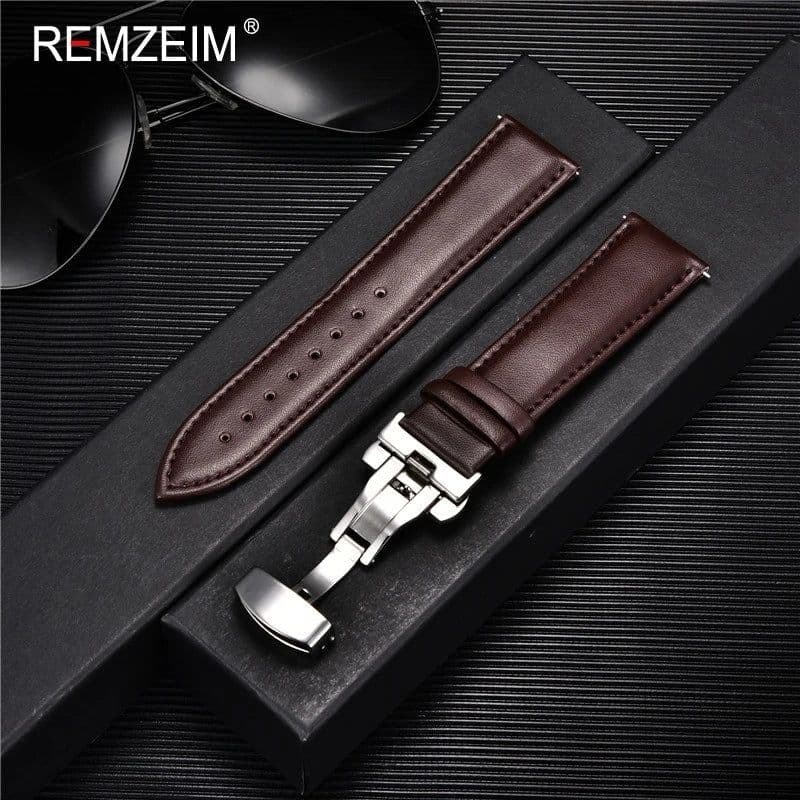 image-REMZEIM Leather Watchband with Stainless Steel Buckle - Durable Strap