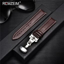 image-REMZEIM Leather Watchband with Stainless Steel Buckle - Durable Strap