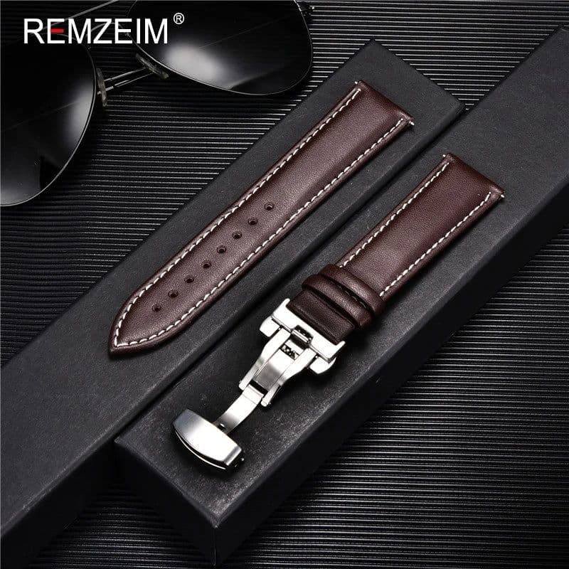image-REMZEIM Leather Watchband with Stainless Steel Buckle - Durable Strap