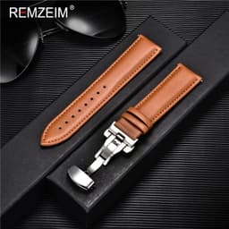 image-REMZEIM Leather Watchband with Stainless Steel Buckle - Durable Strap