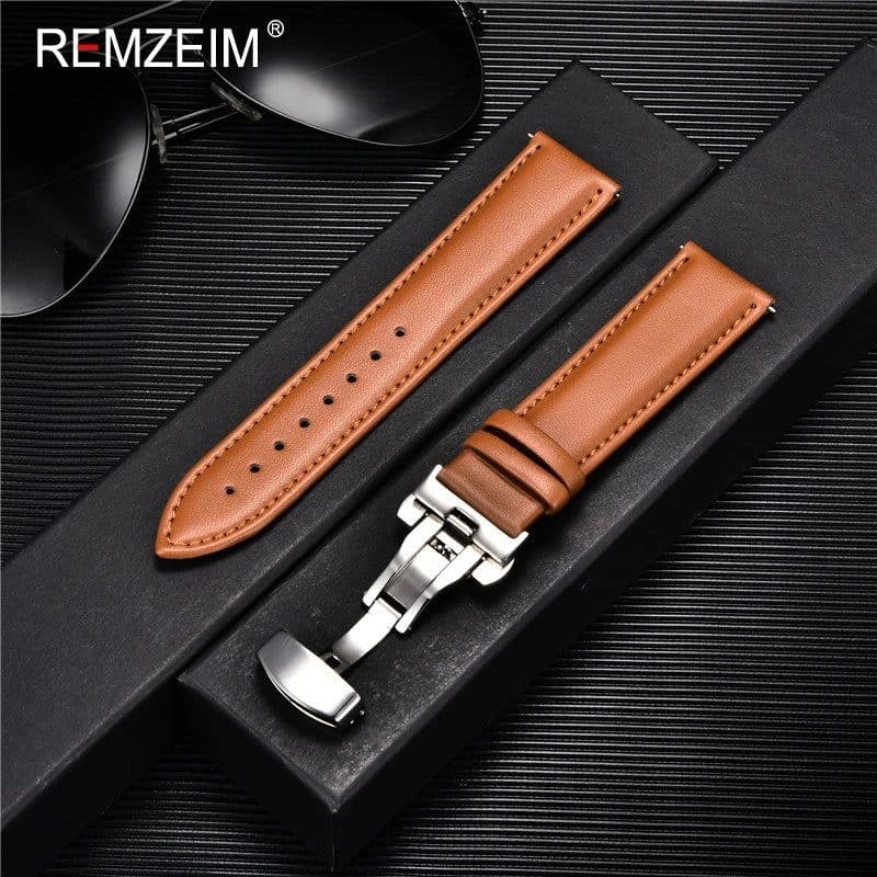 image-REMZEIM Leather Watchband with Stainless Steel Buckle - Durable Strap