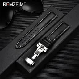 image-REMZEIM Leather Watchband with Stainless Steel Buckle - Durable Strap