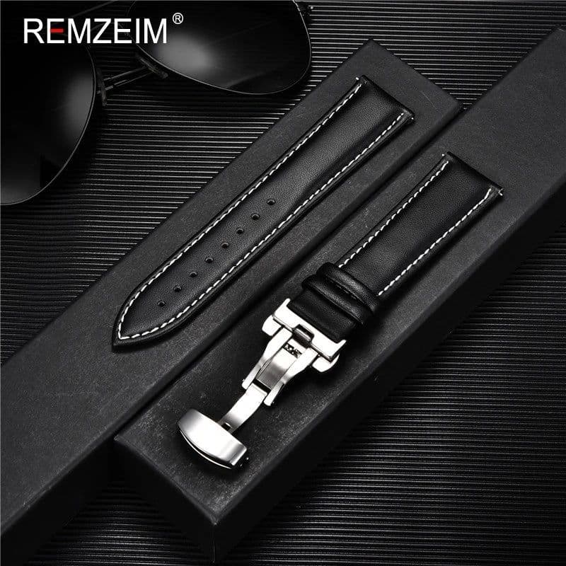 image-REMZEIM Leather Watchband with Stainless Steel Buckle - Durable Strap