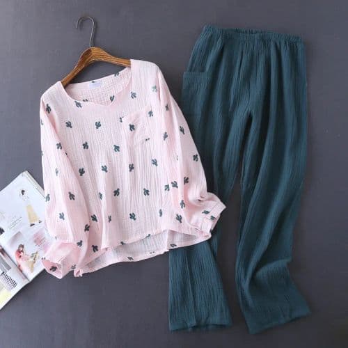 image-New Japanese style spring and autumn ladies cotton crepe cloth long-sleeved trousers pajamas cactus comfortable home service