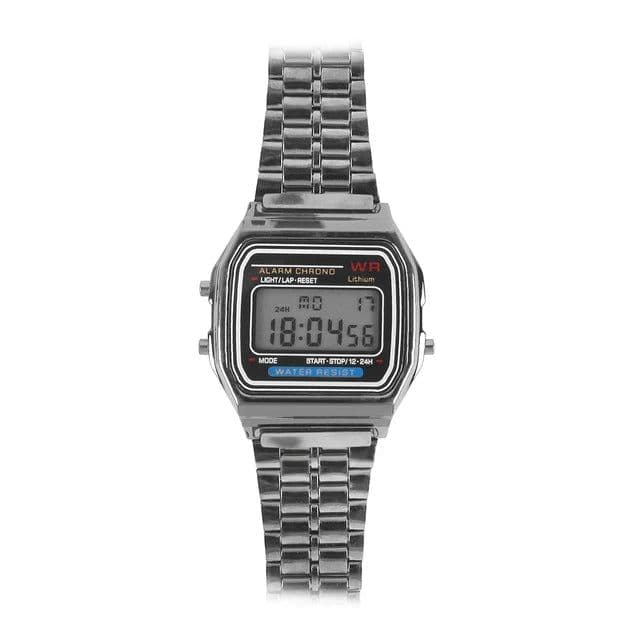 image-Electronic Quartz Watch - LED Display, Waterproof, Stainless Steel Band