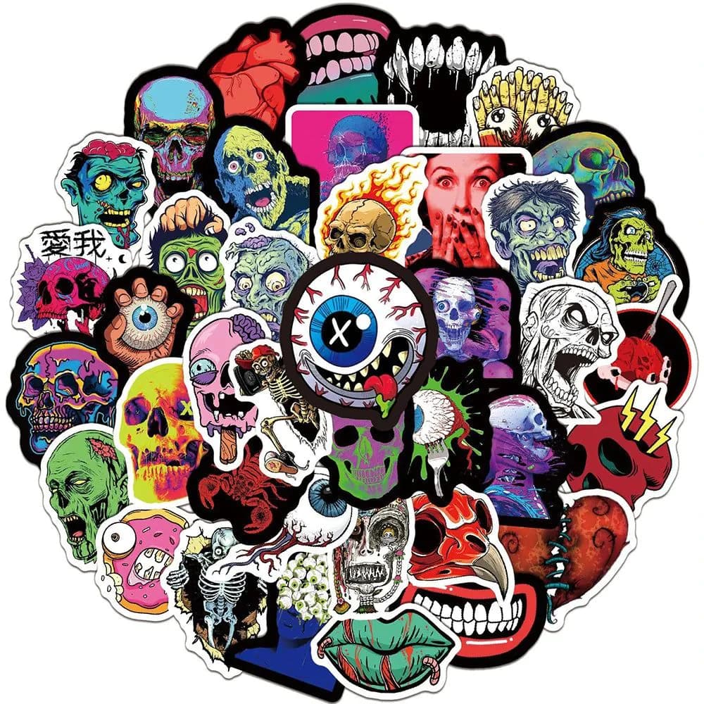image-GOGOTU Halloween Stickers - Waterproof Skull Zombie Decals for Cool Graffiti