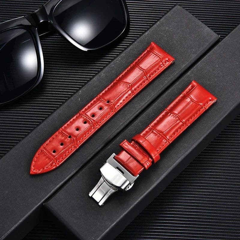 image-REMZEIM Leather Watchband with Butterfly Clasp - Stylish & Durable Strap