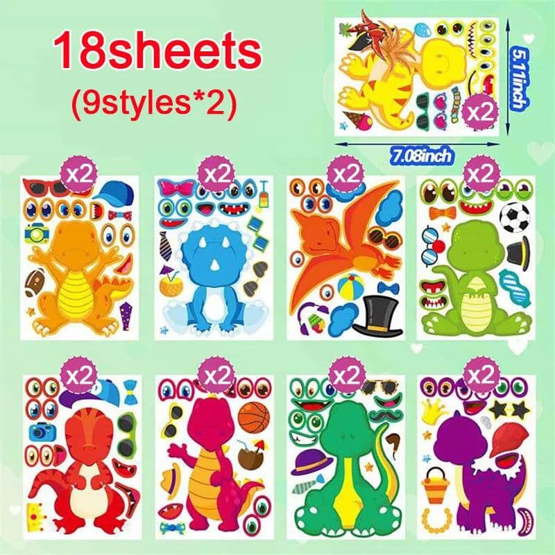 image-Dinosaur Make A Face Stickers - Fun Reusable Puzzle Sticker for Kids