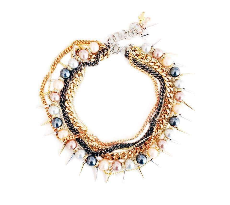 image-Multi strand necklace with big colorful pearls, Swarovski crystals,