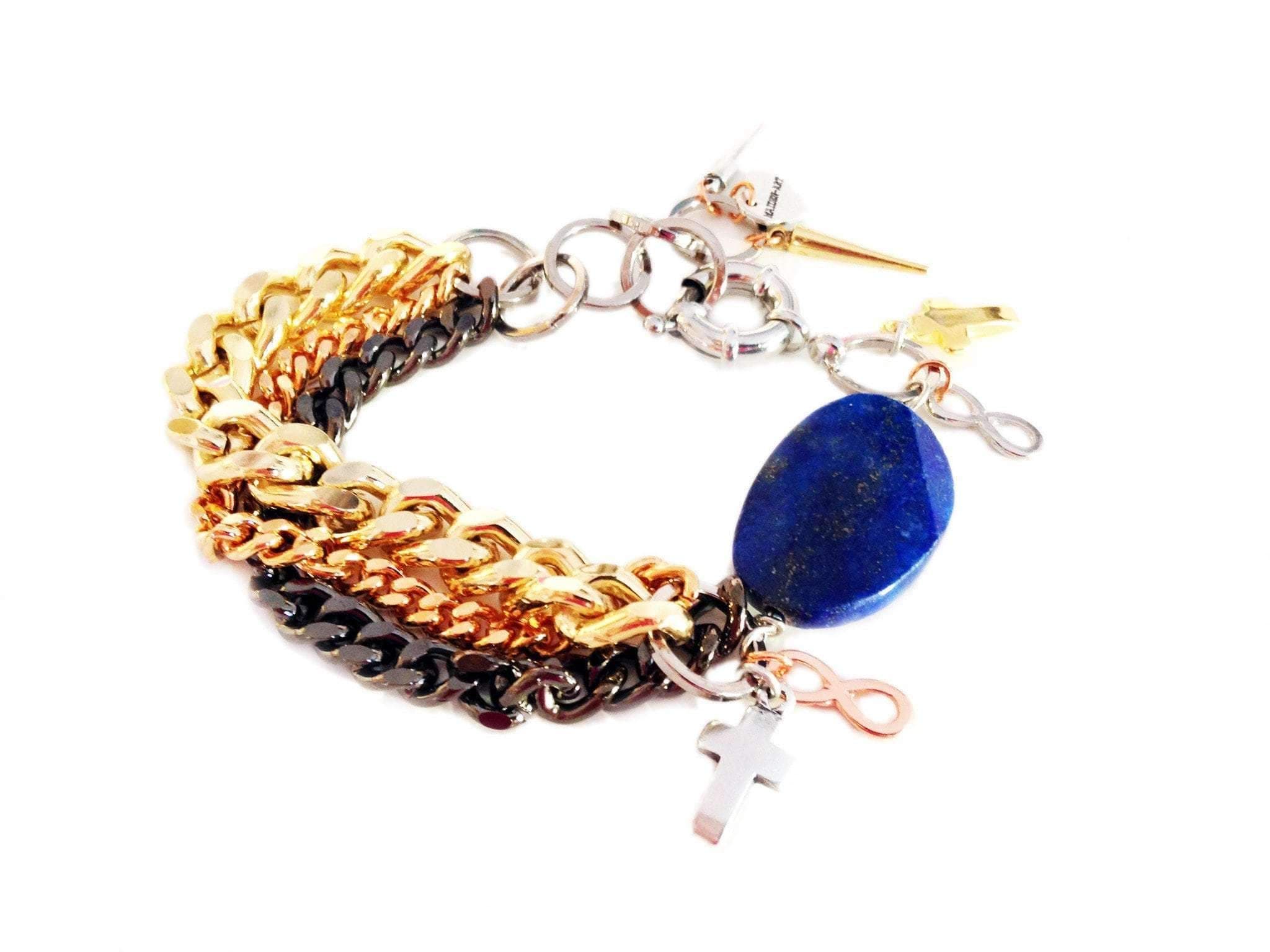 image-Handmade lapis lazuli cuff bracelet and gold chains, rhinestones, gold