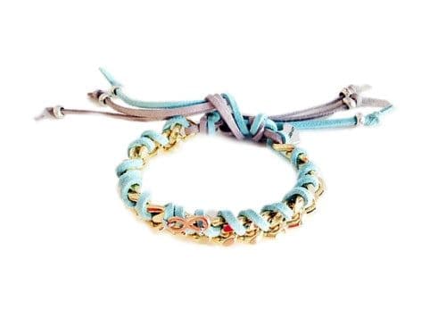 image-Friendship bracelet with gold chains, colorful suede ribbons and