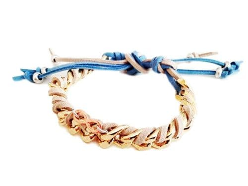 image-Friendship bracelet with gold chains, colorful suede ribbons and