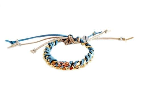 image-Friendship bracelet with gold chains, colorful suede ribbons and