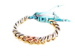 image-Friendship bracelet with gold chains, colorful suede ribbons and