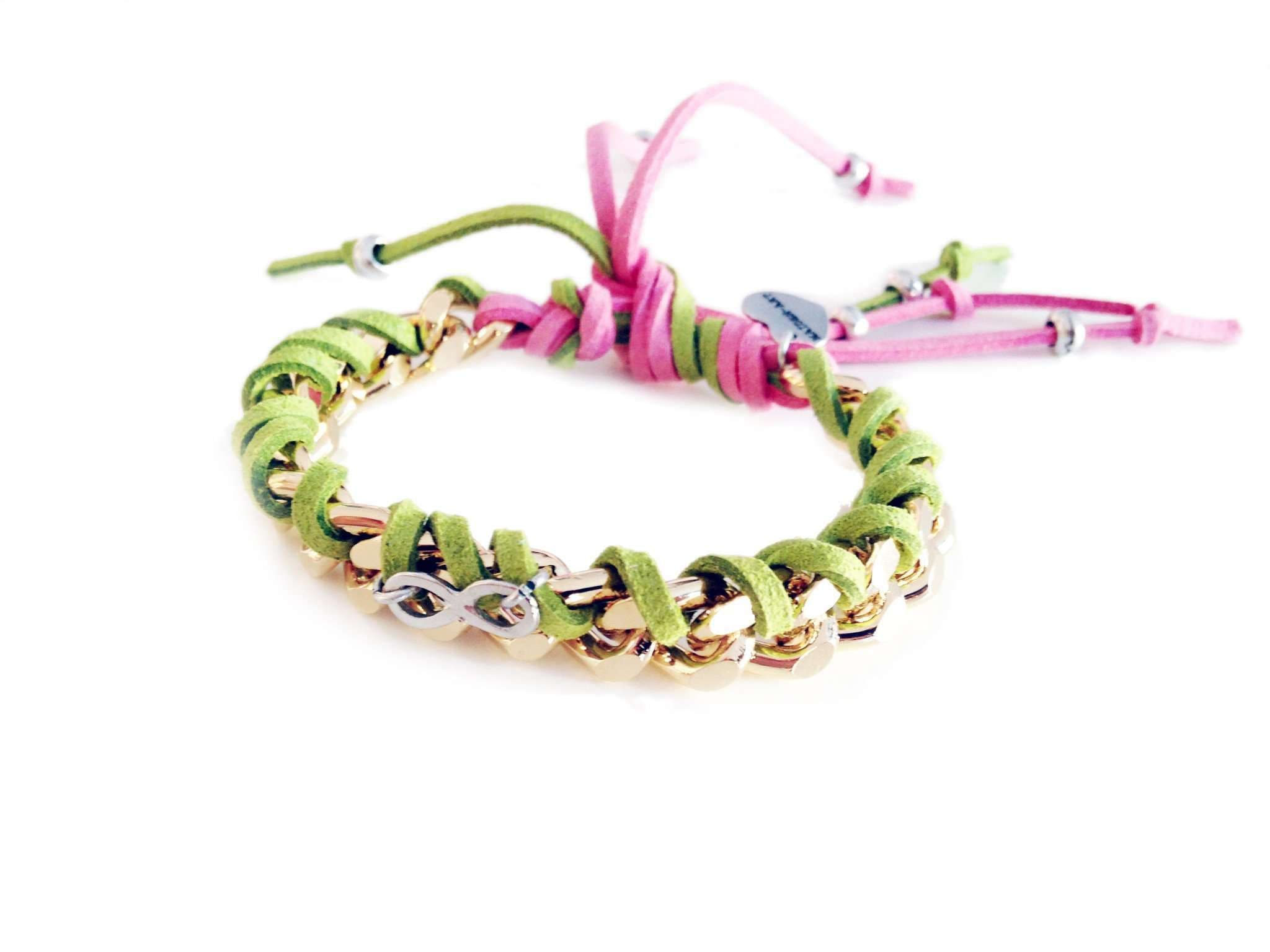 image-Friendship bracelet with gold chains, colorful suede ribbons and