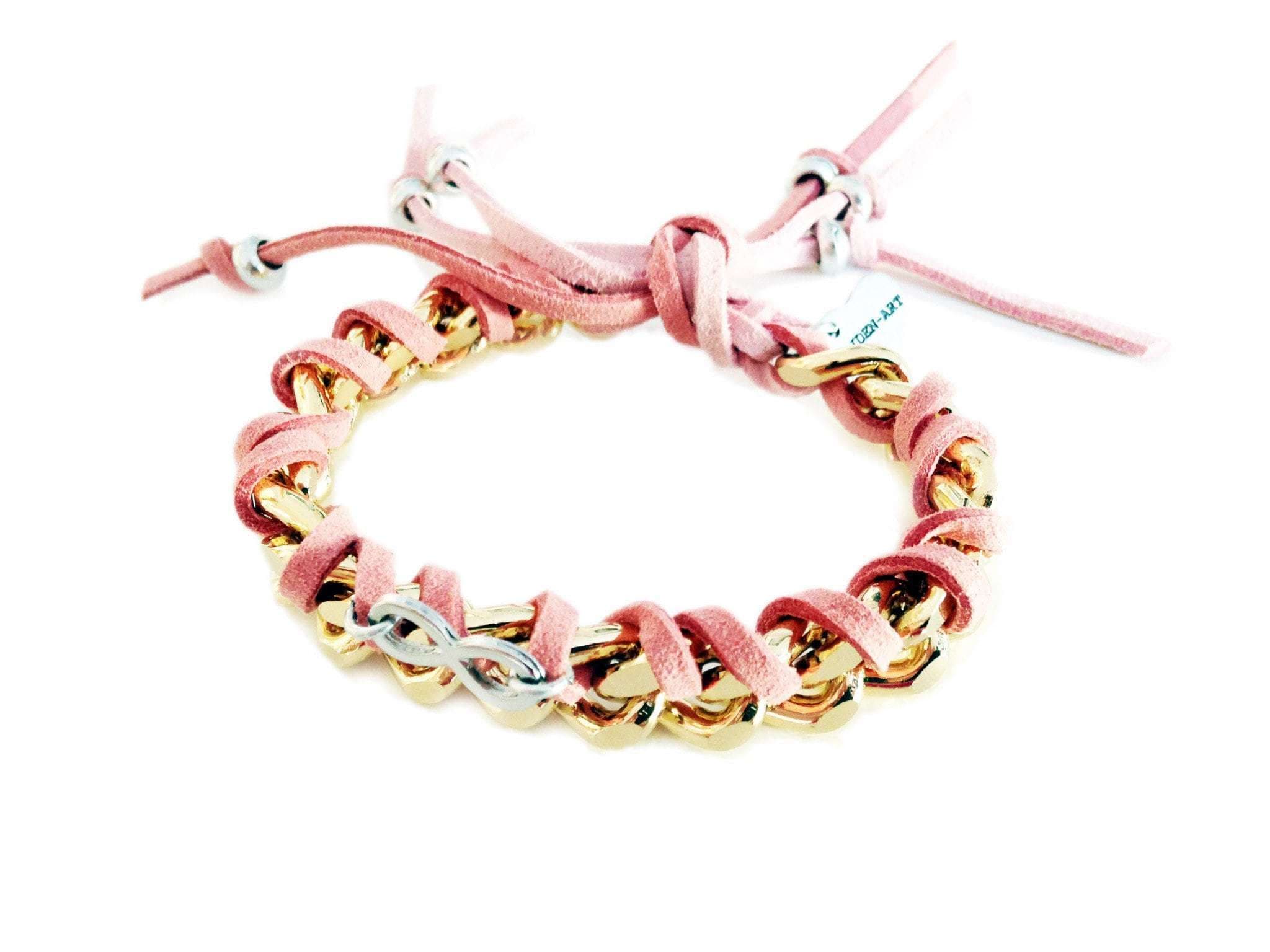 image-Friendship bracelet with gold chains, colorful suede ribbons and