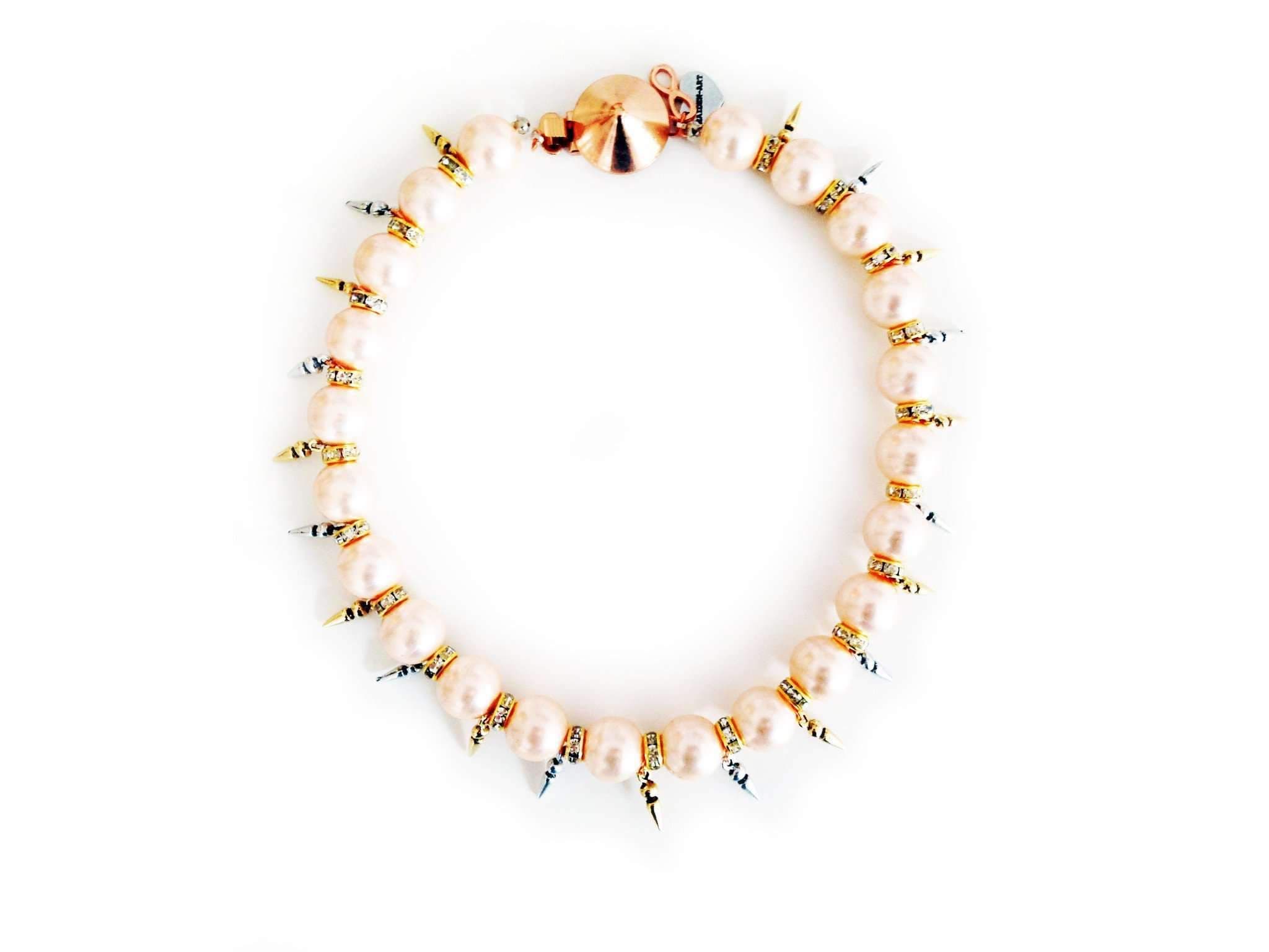 image-Handmade statement necklace with light rose pearls, Swarovski