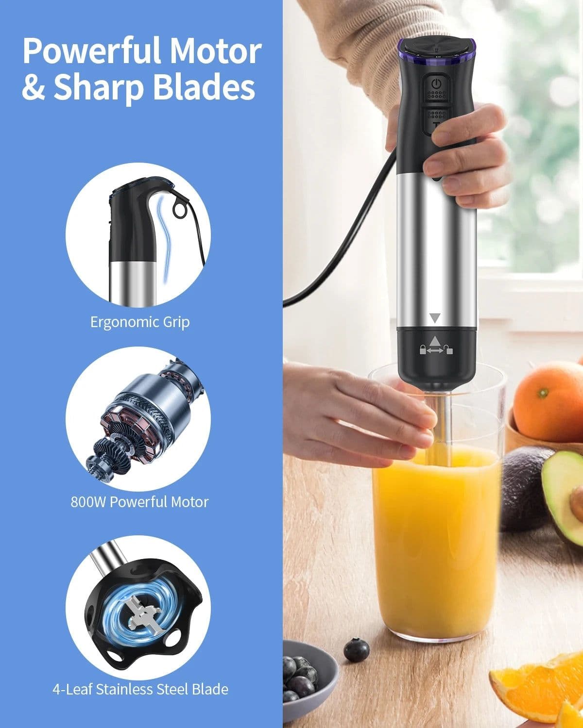 image-1000W Electric Immersion Handheld Blender, 5 in 1 Kitchen Hand Blender for soups, smoothies, purees and baby food.
