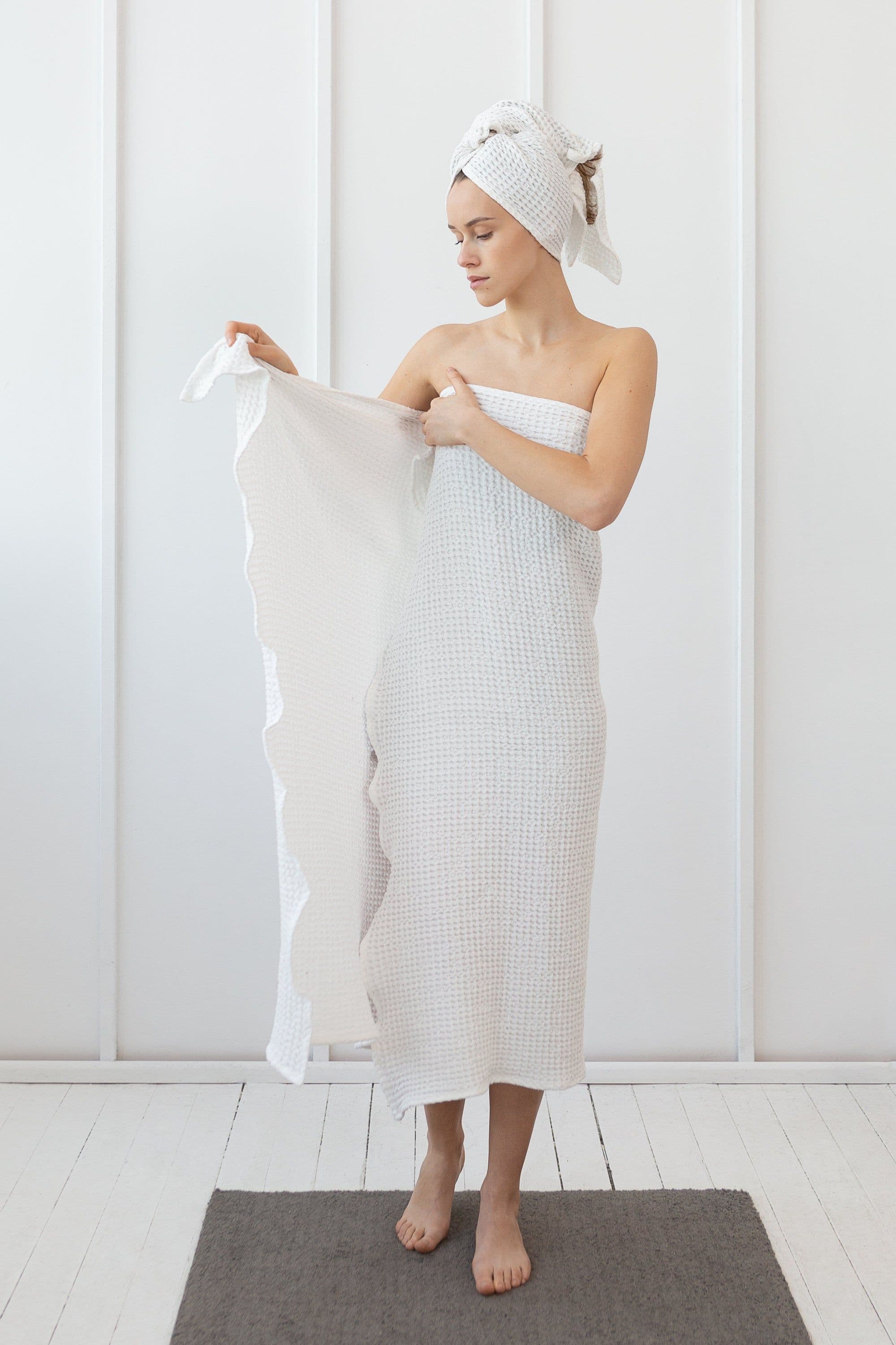 image-White linen waffle towels set