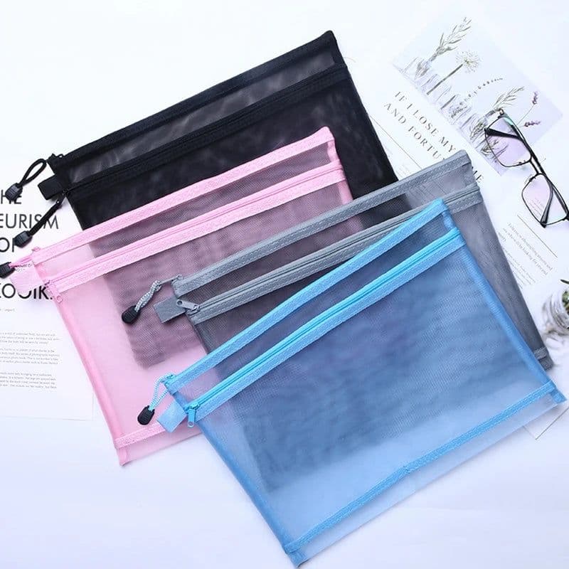 image-Transparent Waterproof Mesh Zipper Pouch Document Bag A4 Size File Folders for School Office Supplies Pencil Case Storage Bags
