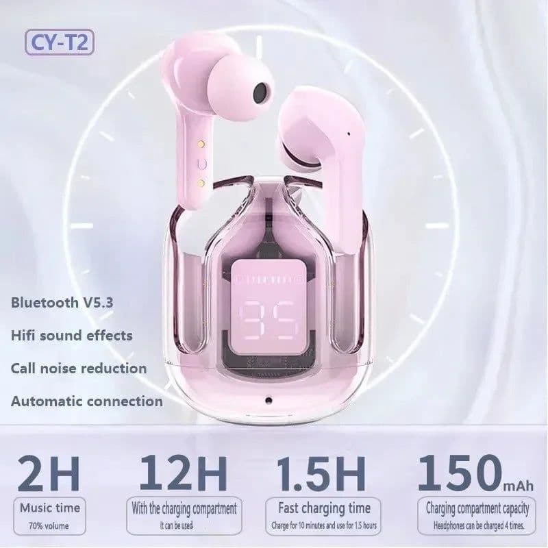 image-Original T2 Wireless Bluetooth Earphone Transparent HIFI Headphones LED Power Digital Display Stereo Sound Earphones for Xiaomi