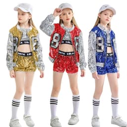 image-LOlanta 4-14 Years Girls Pink Sequin Crop Tops Shorts Jacket Dancewear Costume Hip Hop Modern Jazz Dance Stage Performance Wear