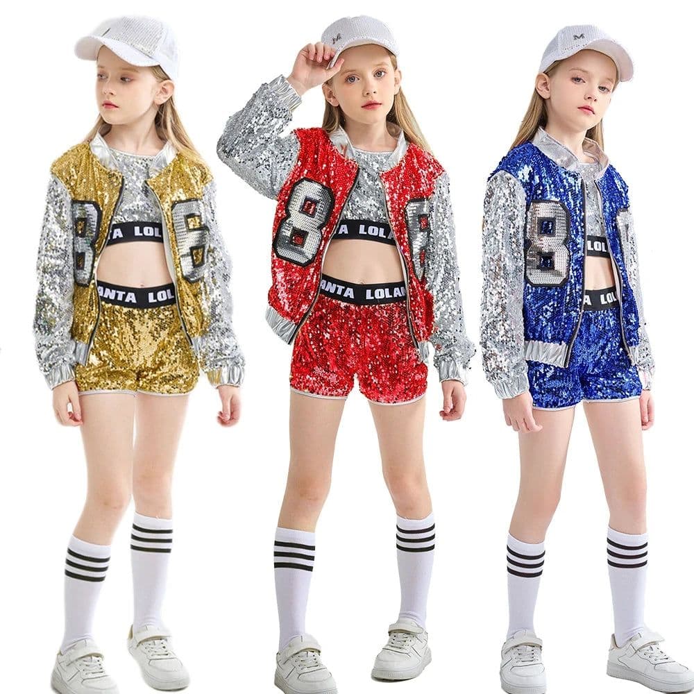 image-LOlanta 4-14 Years Girls Pink Sequin Crop Tops Shorts Jacket Dancewear Costume Hip Hop Modern Jazz Dance Stage Performance Wear