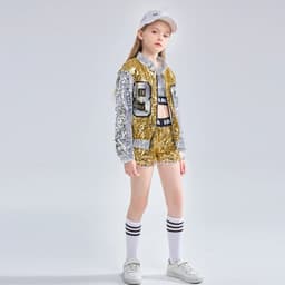 image-LOlanta 4-14 Years Girls Pink Sequin Crop Tops Shorts Jacket Dancewear Costume Hip Hop Modern Jazz Dance Stage Performance Wear