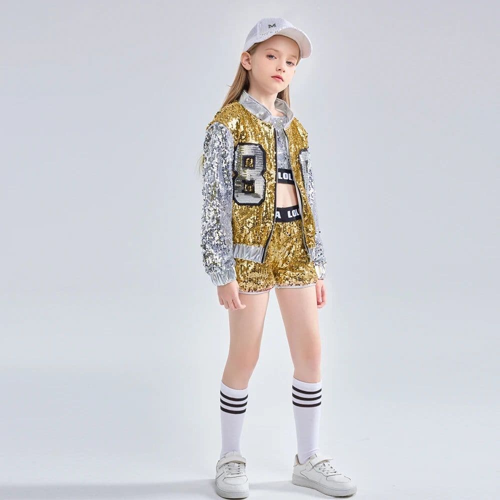 image-LOlanta 4-14 Years Girls Pink Sequin Crop Tops Shorts Jacket Dancewear Costume Hip Hop Modern Jazz Dance Stage Performance Wear