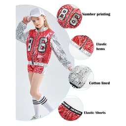 image-LOlanta 4-14 Years Girls Pink Sequin Crop Tops Shorts Jacket Dancewear Costume Hip Hop Modern Jazz Dance Stage Performance Wear