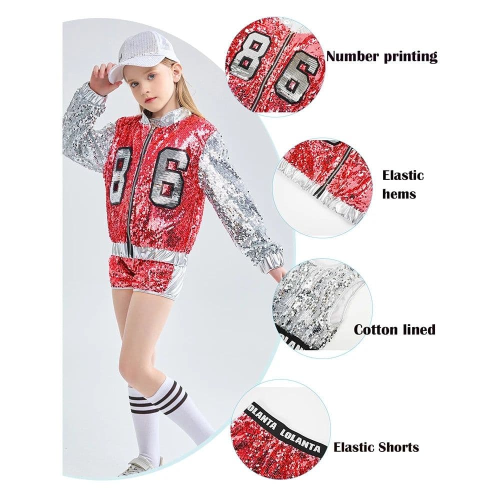 image-LOlanta 4-14 Years Girls Pink Sequin Crop Tops Shorts Jacket Dancewear Costume Hip Hop Modern Jazz Dance Stage Performance Wear