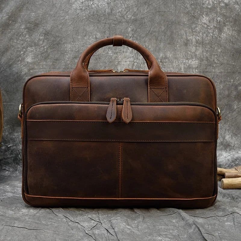 image-Retro Laptop Briefcase Bag Genuine Leather Handbags Casual 15.6" Business Bag Daily Working Tote Bags Men Male bag for documents