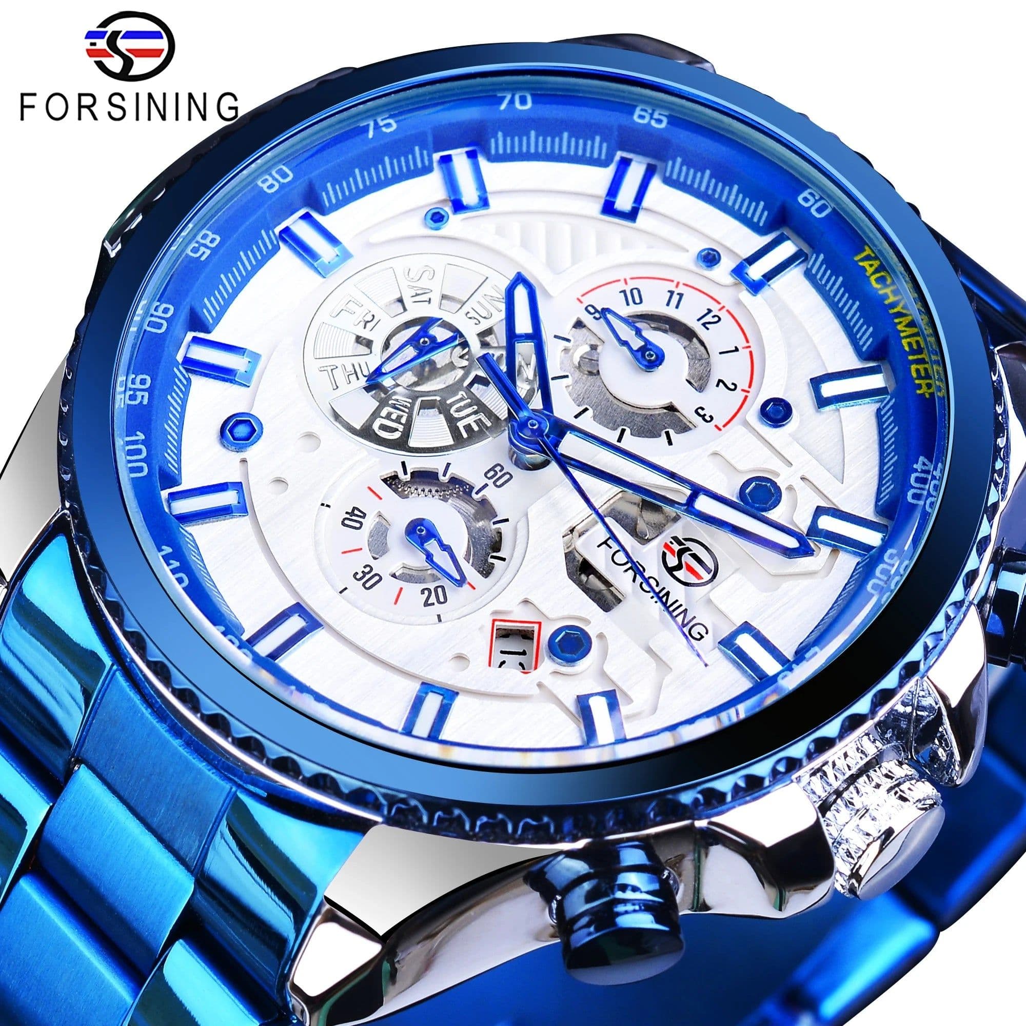 image-Forsining Three Dial Calendar Stainless Steel Men Mechanical Automatic Wrist Watches Top Brand Luxury Military Sport Male Clock