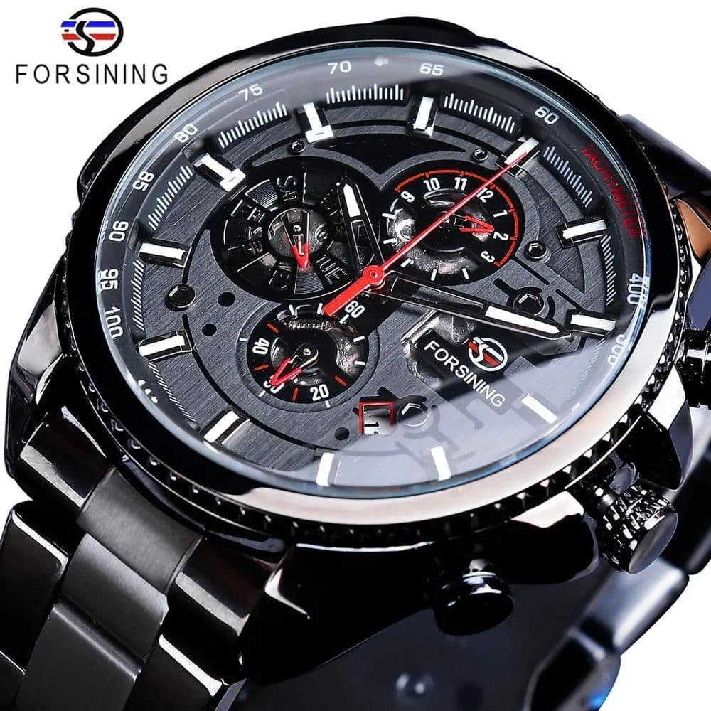image-Forsining Three Dial Calendar Stainless Steel Men Mechanical Automatic Wrist Watches Top Brand Luxury Military Sport Male Clock