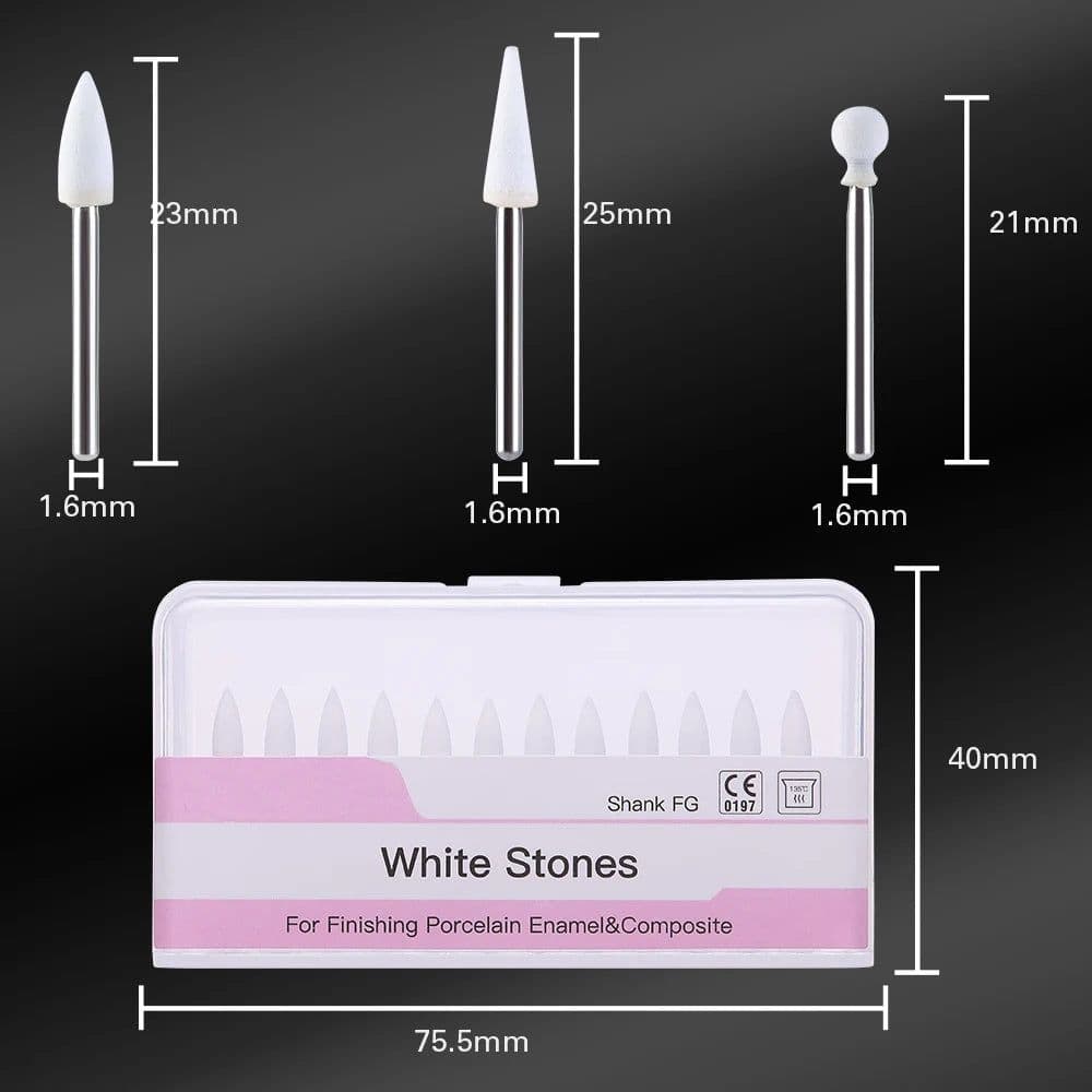 image-(12pcs/box)Dia1.6mm Azdent White Stone Polishing Burs for Finishing Porcelain Enamel & Composite Resin Flame/Cone/Round Shape
