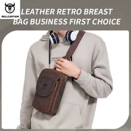 image-BULLCAPTAIN Men's Crossbody Bags Crazy Horse Leather Chest Bag's Leather Crossbody Bages Retro Men's Zip Pocket Short Travel Bag