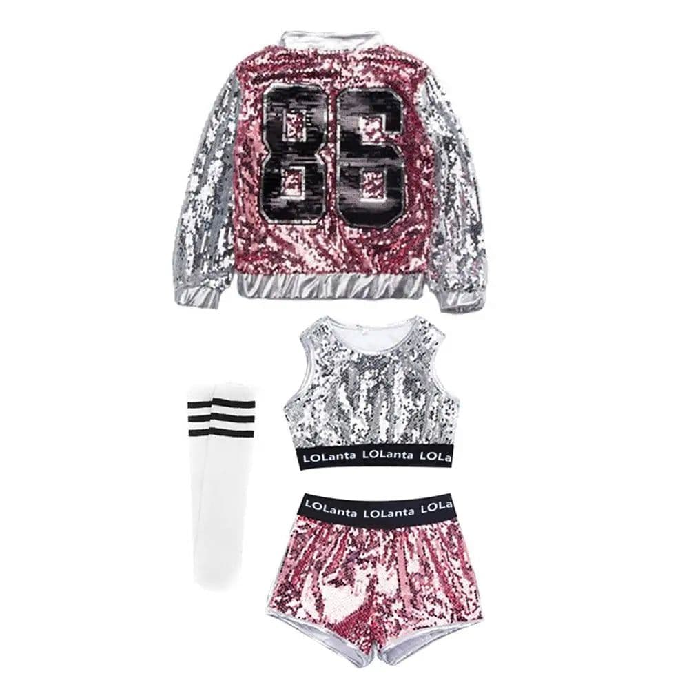image-LOlanta 4-14 Years Girls Pink Sequin Crop Tops Shorts Jacket Dancewear Costume Hip Hop Modern Jazz Dance Stage Performance Wear