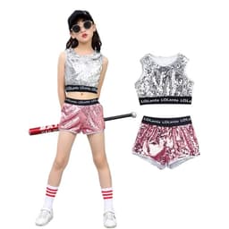 image-LOlanta 4-14 Years Girls Pink Sequin Crop Tops Shorts Jacket Dancewear Costume Hip Hop Modern Jazz Dance Stage Performance Wear