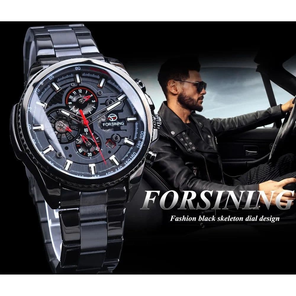 image-Forsining Three Dial Calendar Stainless Steel Men Mechanical Automatic Wrist Watches Top Brand Luxury Military Sport Male Clock