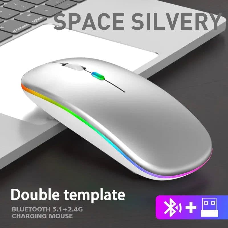 image-Wireless Mouse Bluetooth and 2.4GHz Dual Modes Rechargeable RGB Ergonomic Silent Click for PC iPad Laptop Cell Phone TV
