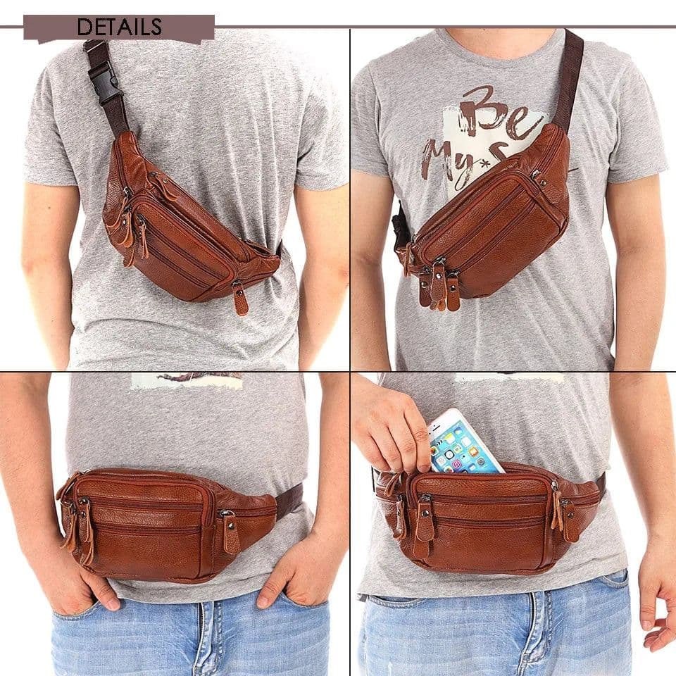 image-Fashion Men Genuine Leather Fanny Bag for Phone Pouch Male Leather Messenger Bags Brand Fanny Pack Male Travel Waist Bag Men