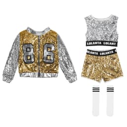 image-LOlanta 4-14 Years Girls Pink Sequin Crop Tops Shorts Jacket Dancewear Costume Hip Hop Modern Jazz Dance Stage Performance Wear