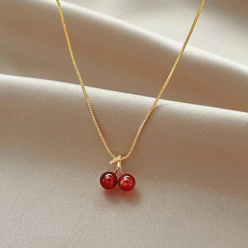 image-New Wine Red Cherry Gold Color Pendant Necklace For Women Personality Fashion Necklace Wedding Jewelry Birthday Gifts